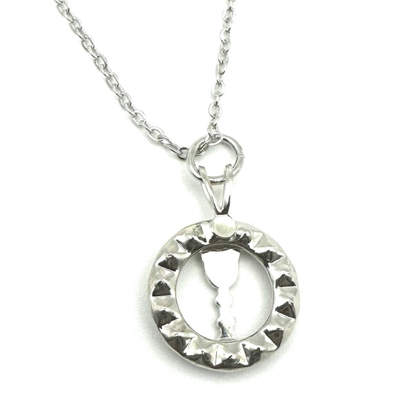 Silver Circle Pendant Necklace with Multi Color Rhinestones with Center Chalice - Picture 3 of 5